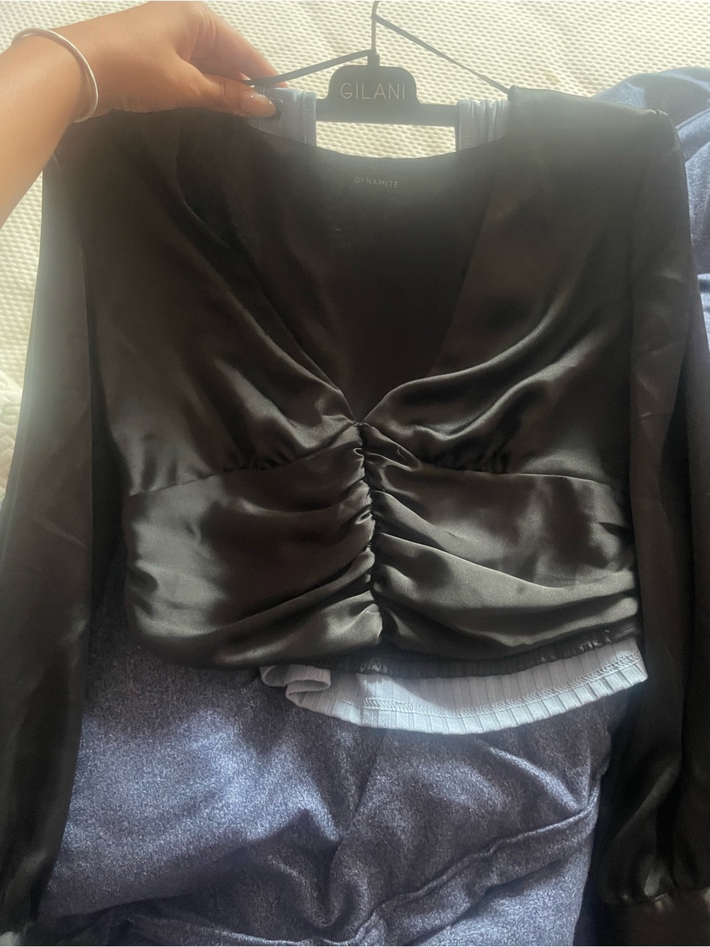 Black Satin Ruched V-Neck Blouse - Picture 2 of 2